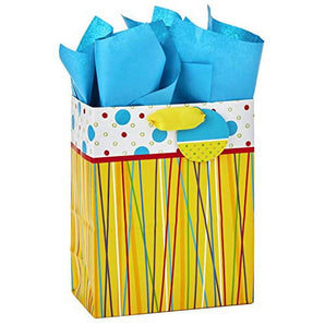 Hallmark 9" Medium Gift Bag with Tissue Paper (Yellow with Multicolored Stripes and Polka Dots) for Birthdays, Baby Showers or Any Occasion