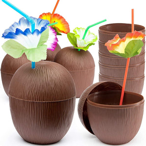 Prextex Coconut Cups for Hawaiian Luau Kids Party with Hibiscus Flower Straws - 12 Pack