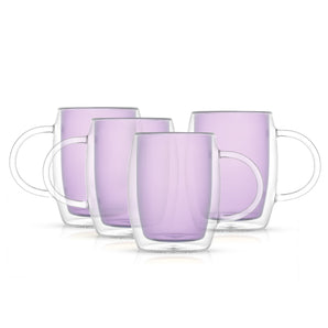 JoyJolt Aroma Double Wall Colored Glass Coffee Mugs - Violet - Set of 4 Coffee Glasses with Handle 13.5 oz