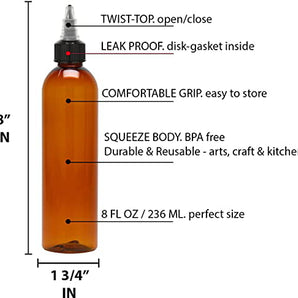 Twist Top Applicator Bottles, 8 OZ, Squeeze Empty Plastic Bottles, Black Nozzle, BPA-Free, PET, Refillable, Open/Close Nozzle - Multi Purpose (Amber)