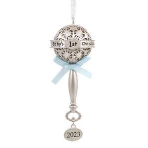 Hallmark Baby's First Christmas Silver Rattle with Blue Ribbon 2023 Christmas Ornament, 0.13lbs