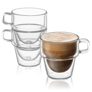 JoyJolt Stoiva Stackable Double Wall Coffee Glasses, 11.5 Oz Glass Coffee Mugs with Handles [Set of 4]