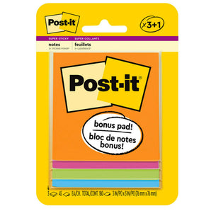 Post-it Super Sticky Notes, Energy Boost Collection, 3 in. x 3 in., 45 Sheets, 4 Pads