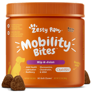 Zesty Paws Hip & Joint Mobility Bites for Dogs, Functional Dog Supplement with Glucosamine + Chondroitin & MSM, Bacon Flavor, 90 Count Soft Chews