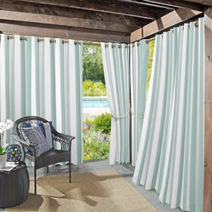 Sun Zero Valencia Cabana Stripe Indoor/Outdoor UV Protectant Room Darkening Grommet Curtain Panel, 54"x95", Soft Teal