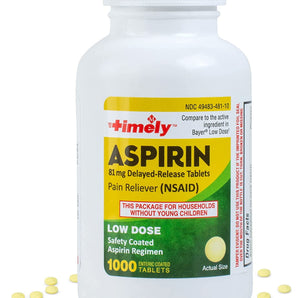 Timely - Low Dose Aspirin 81mg - 1000 Count -  Compared to Bayer Low Dose - Safety Coated Tablets