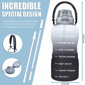 Large 1 Gallon Motivational Water Bottle with Paracord Handle & Removable Straw - Leakproof Tritan BPA Free Fitness Sports Water Jug with Time Marker White/Gray Gradient
