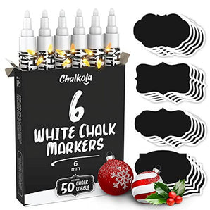 Chalkola White Chalk Markers - White Dry Erase Liquid Chalk Pens for Chalkboard, Blackboard, Window, Bistro, Car Glass, Board, Signs - 1mm Extra Fine Tip Chalkboard Chalk Markers