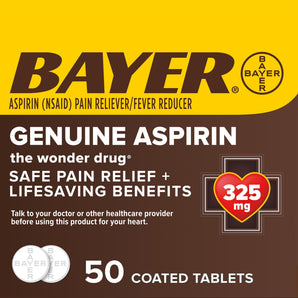 Genuine Bayer Aspirin Pain Reliever / Fever Reducer 325mg Coated Tablets, 50 Count