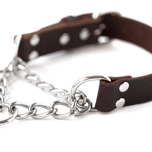 Mighty Paw Leather Training Collar, Martingale Collar, Stainless Steel Chain - Limited Chain Cinch Collar