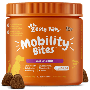 Zesty Paws Hip & Joint Mobility Bites for Dogs, Functional Dog Supplement with Glucosamine + Chondroitin & MSM, Bacon Flavor, 90 Count Soft Chews