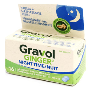 Gravol Ginger Nighttime Tablets for Upset Stomach & Nausea, 16 Tablets with Melatonin, Blue