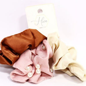 Hive and Co. 3 Pc. Fabric Scrunchie Set, Pink, Brown, Cream - 3 Ct