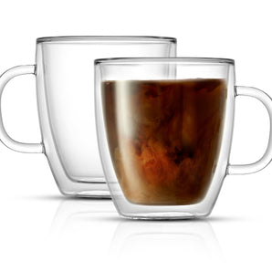 JoyJolt Double Wall Insulated Glass Coffee Mug (Set of 2) 13.5 oz with Handle, Glass Tea Cup, Large Mug