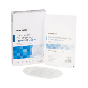 McKesson Transparent Film Dressing - Adhesive Frame Delivery, 4 in x 4 3/4 in, 50 Count, 1 Pack