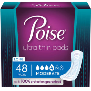 Poise Ultra Thin Incontinence Pads for Women, Postpartum Pads, Moderate Absorbency, Long, 48ct