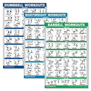 QuickFit 3 Pack - Dumbbell Workouts + Bodyweight Exercises + Barbell Routine Poster Set - Set of 3 Workout Charts (Laminated, 18" x 27")