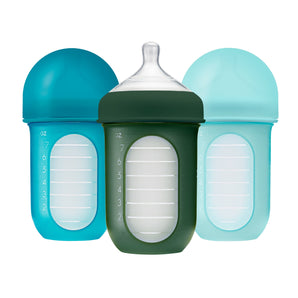 Boon Nursh Silicone Baby Bottles – Stage 2 Medium Flow – 8oz – Blue (3pk)