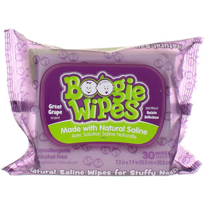 Boogie Wipes Natural Saline Nose Wipes, Great Grape, 30 Ct