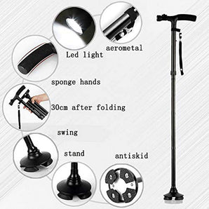 INTSUPERMAI Magic Cane Folding LED Safety Walking Stick 4 Head Pivoting Trusty Base Black
